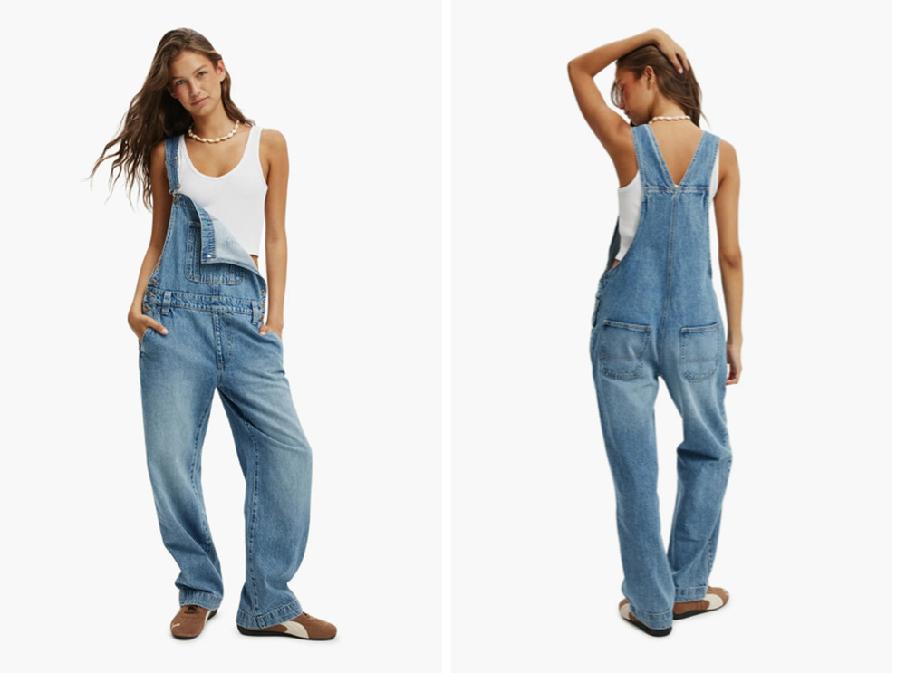 Cotton On Utility Denim Long Overall Bibs Pants 100% Cotton Size 4 Relaxed Fit